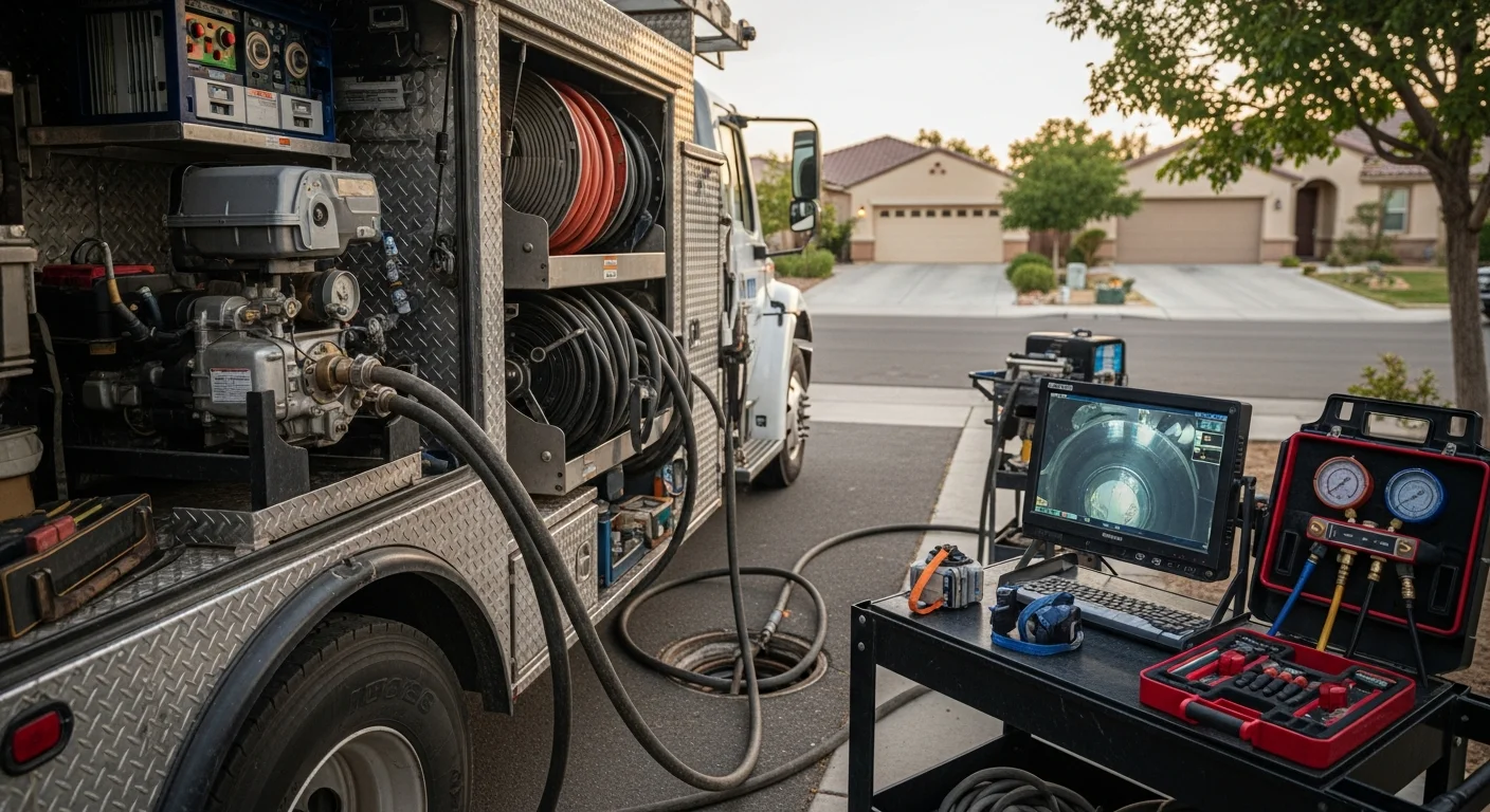 Hydrojetting equipment clearing residential sewer line