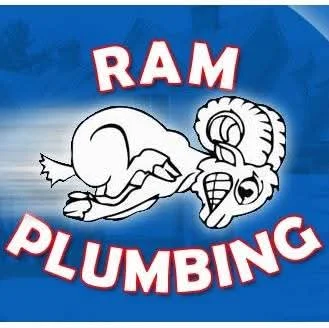 RAM Plumbing logo with white ram mascot and text on blue background