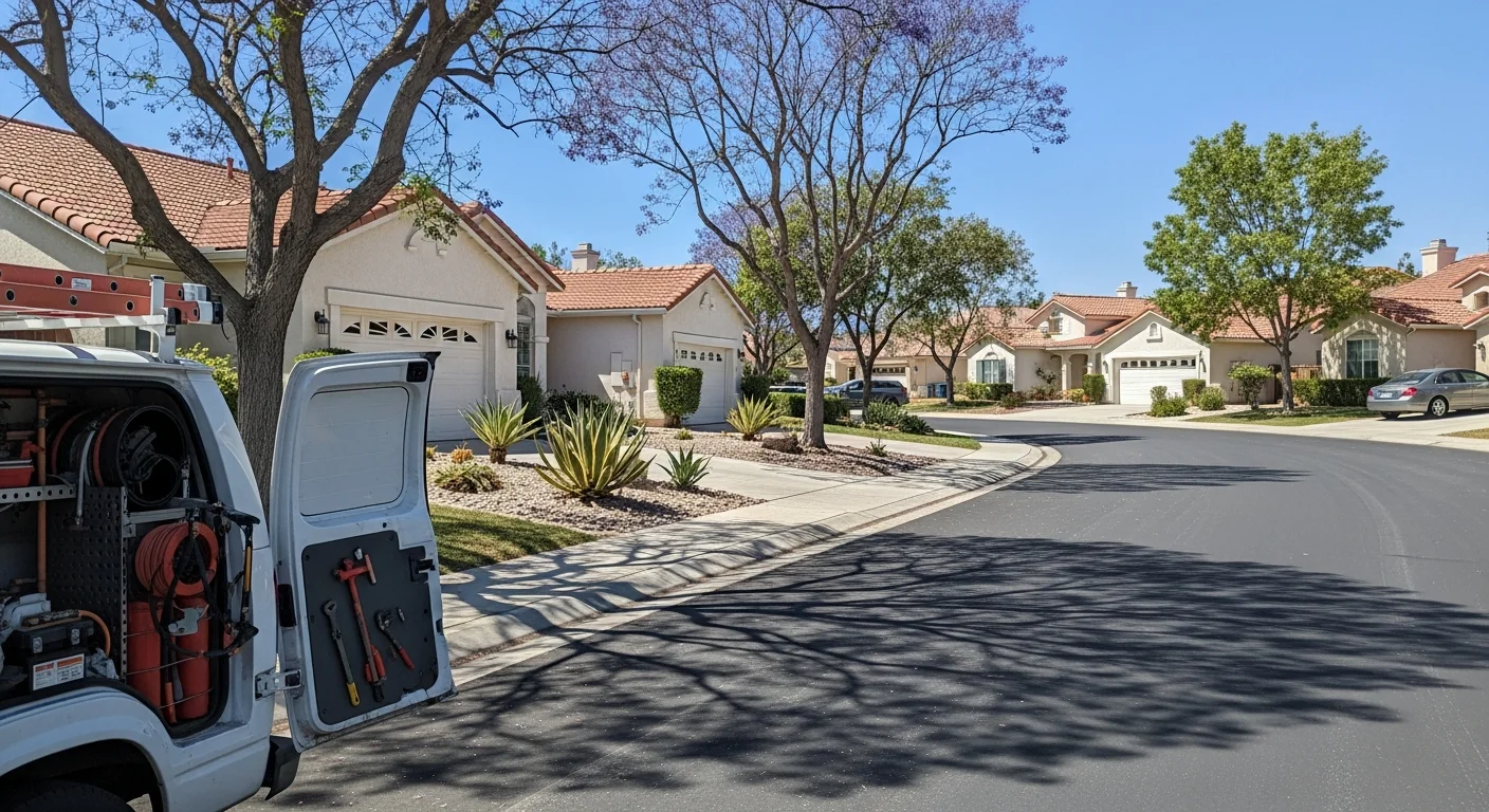 Residential street in Corona with single-family homes and mature trees under clear sky.
