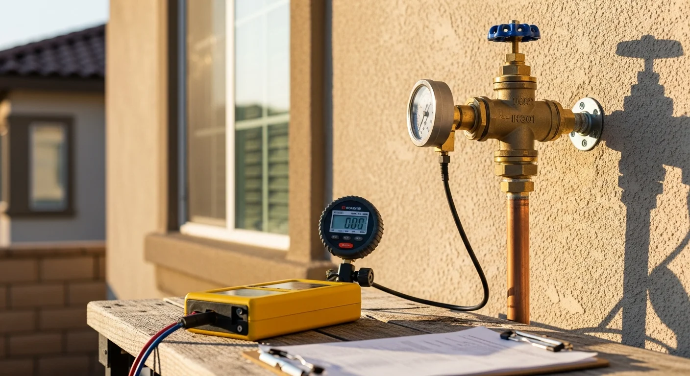 A certified plumber from RAM Plumbing Htg & Air testing a backflow prevention assembly mounted on an exterior wall of a Corona, CA property. The technician connects calibrated test gauges to the device valves during an annual compliance inspection.