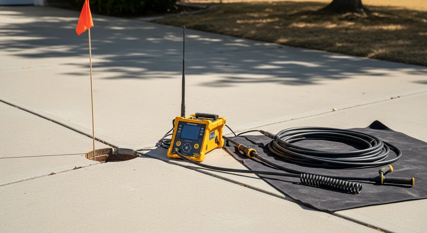 A RAM Plumbing Htg & Air technician feeding a video camera cable into a residential sewer cleanout outside a Corona, California home. The monitor beside the technician displays a live view of the interior of the sewer lateral.