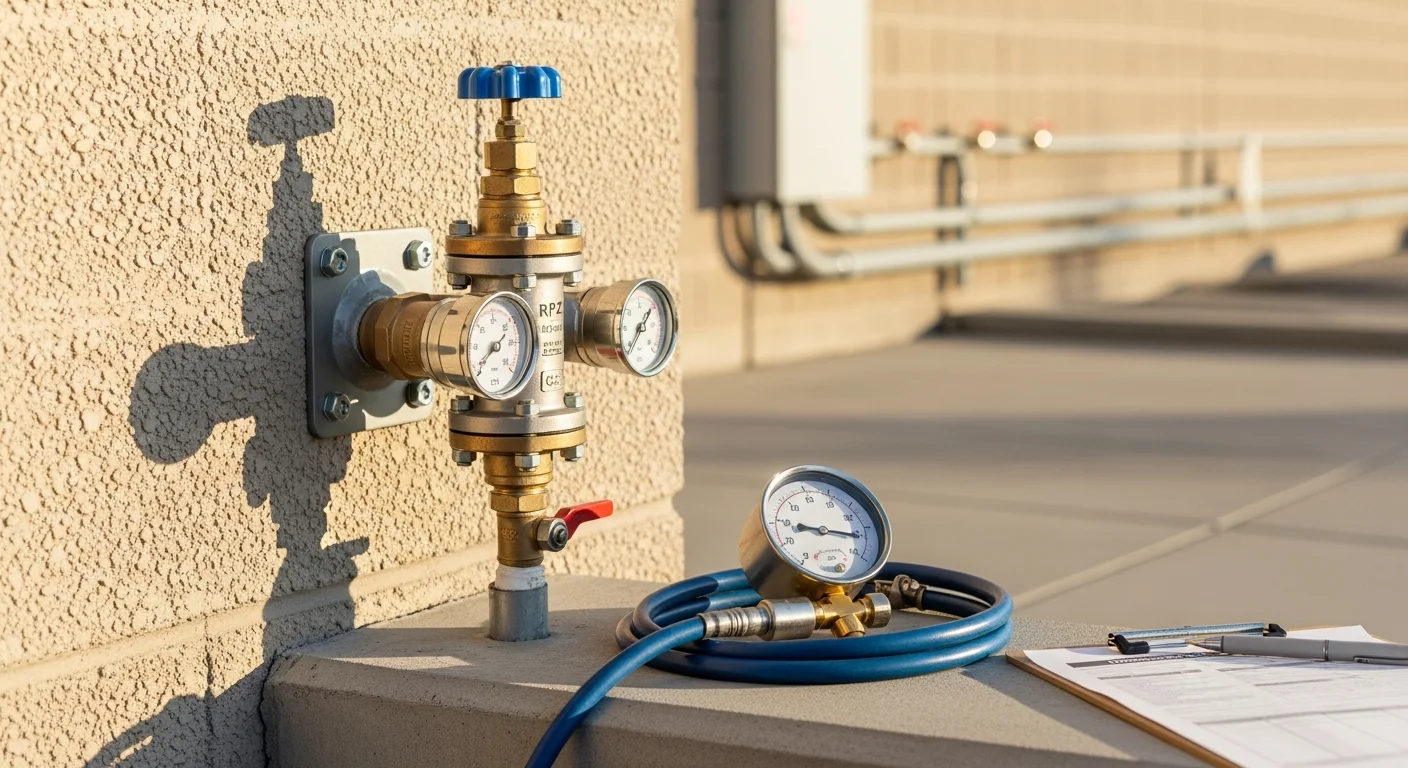 A certified plumber from RAM Plumbing Htg & Air testing a commercial reduced pressure zone backflow prevention assembly at a Corona, CA business property. The technician uses a calibrated differential pressure gauge connected to the assembly test cocks during an annual compliance inspection.