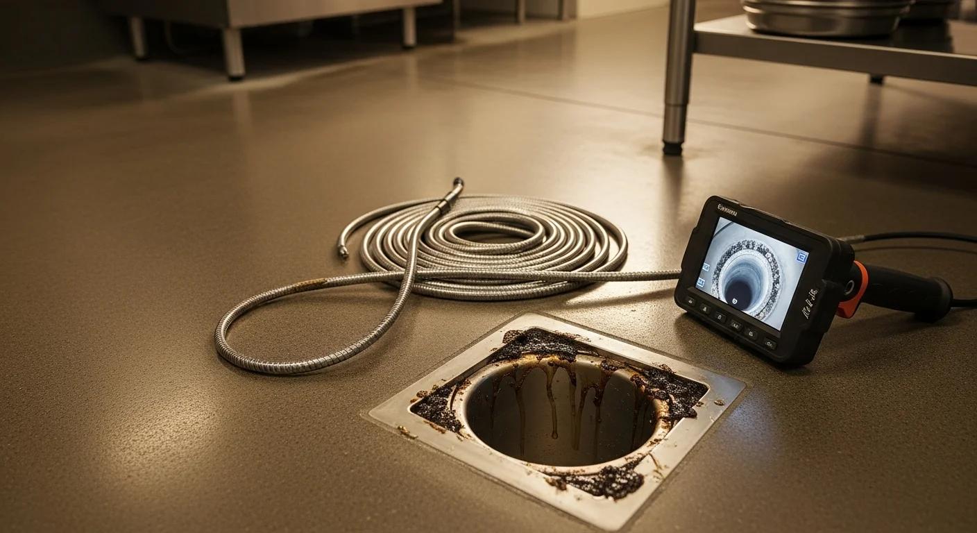 A commercial plumbing technician using hydro jetting equipment to clean a blocked floor drain inside a Corona, CA commercial kitchen. The drain cover is removed and the high-pressure hose is inserted into the drain line.