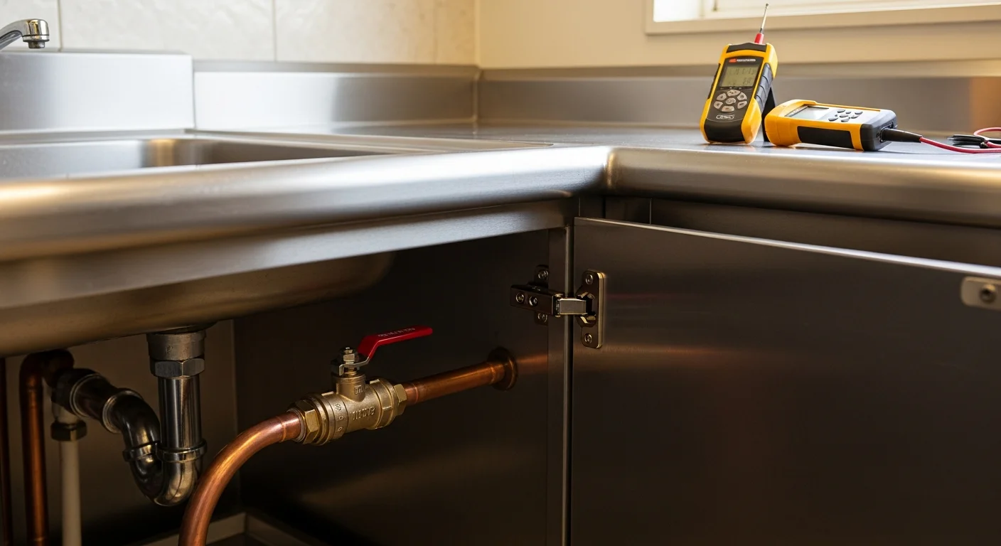A licensed plumber inspecting a burst commercial pipe in a Corona, CA office building corridor. Water damage is visible on the floor while the technician uses diagnostic equipment to locate the source of the leak.