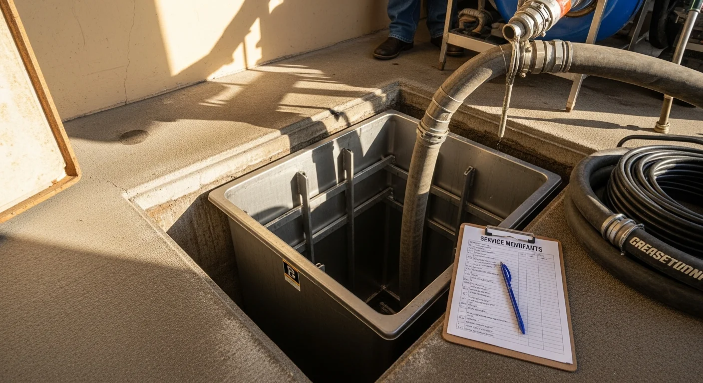A licensed plumber performing a full pump-out of a commercial grease interceptor at a food service establishment in Corona, CA. The below-grade unit is open with the concrete lid removed, showing the interior baffle and accumulated FOG waste being extracted.