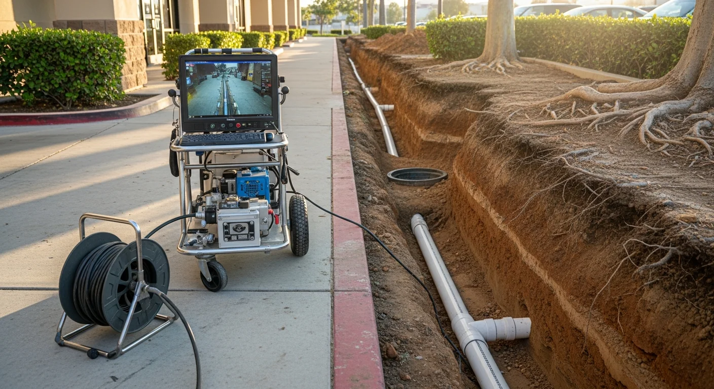 A licensed plumber running a sewer camera inspection line into a commercial cleanout access point at a Corona business property. The monitor displays a live view of the interior pipe condition, showing buildup and a visible crack in the sewer line.