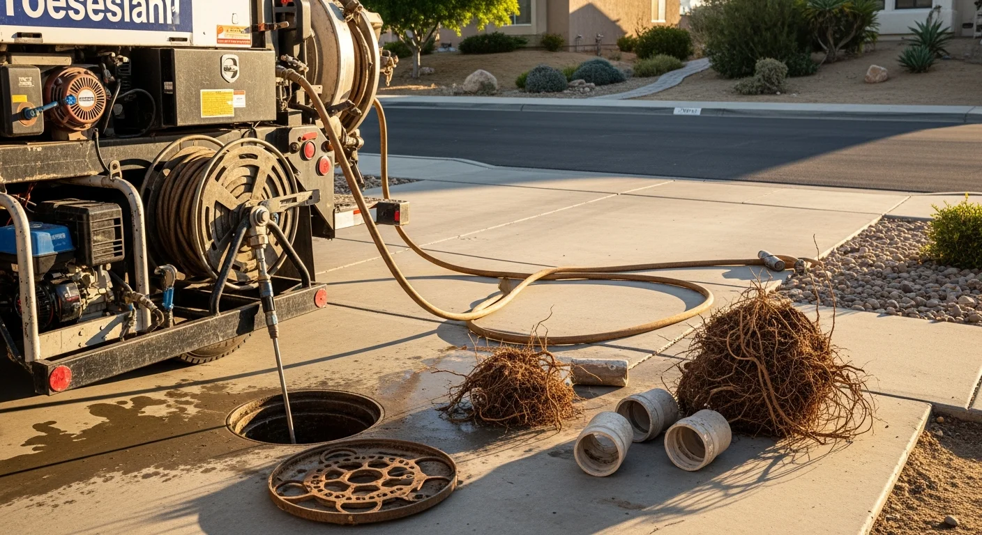 A licensed plumber performing hydrojetting service on a residential sewer cleanout in a Corona, California backyard. High-pressure water hose feeds into the ground-level cleanout pipe to clear a blocked main sewer line.