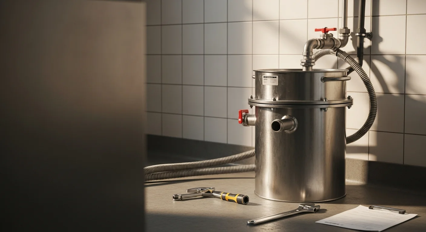 A licensed plumber repairing a commercial grease trap beneath a kitchen sink in a Corona, CA food service establishment. The technician inspects the inlet baffle and outlet fitting of an under-counter grease trap unit.