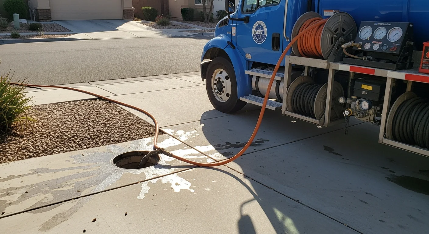 A RAM Plumbing Htg & Air technician feeding a hydrojetting hose into a residential sewer clean-out in Corona, CA. The pipe interior is visible through a camera monitor showing mineral scale and grease buildup being cleared from the line.
