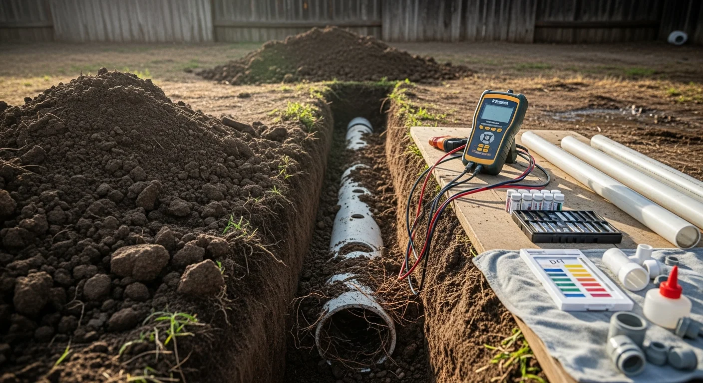 A Corona residential backyard showing an exposed leach field trench with damaged drain lines being assessed by a septic repair technician. The surrounding soil shows signs of saturation typical of clay-heavy Riverside County ground conditions.
