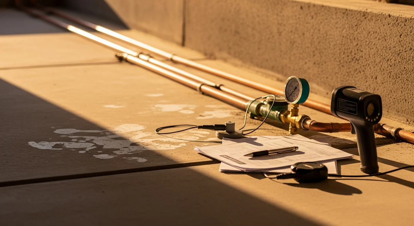 A plumber using acoustic listening equipment on a concrete slab floor inside a Corona, California home to locate a hidden water leak. The technician kneels close to the floor with detection gear in hand, with no visible wall or floor damage.