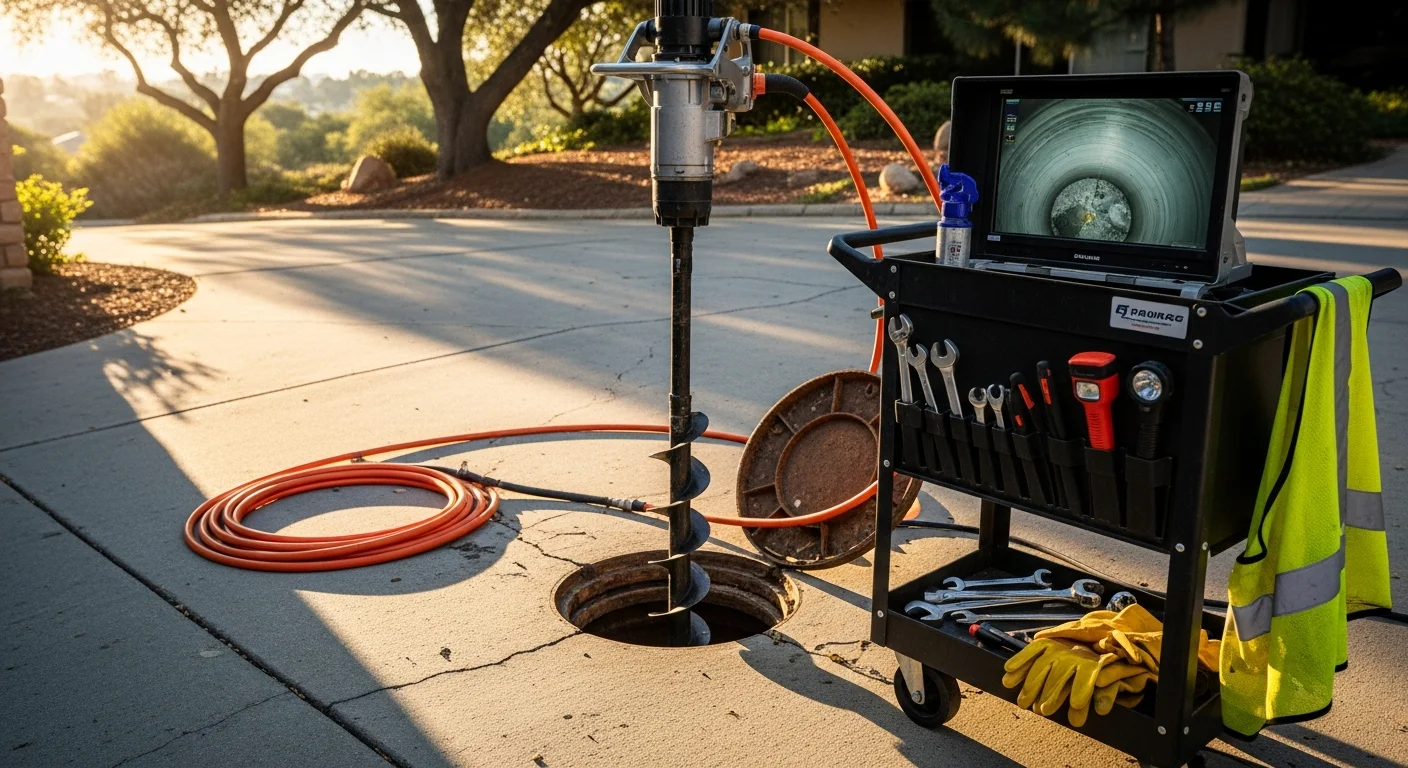 A RAM Plumbing Htg & Air technician running a sewer camera inspection on a mainline cleanout access point outside a single-family home in Corona, California. The camera monitor displays the interior of the sewer pipe, showing a root intrusion blockage in the main line.