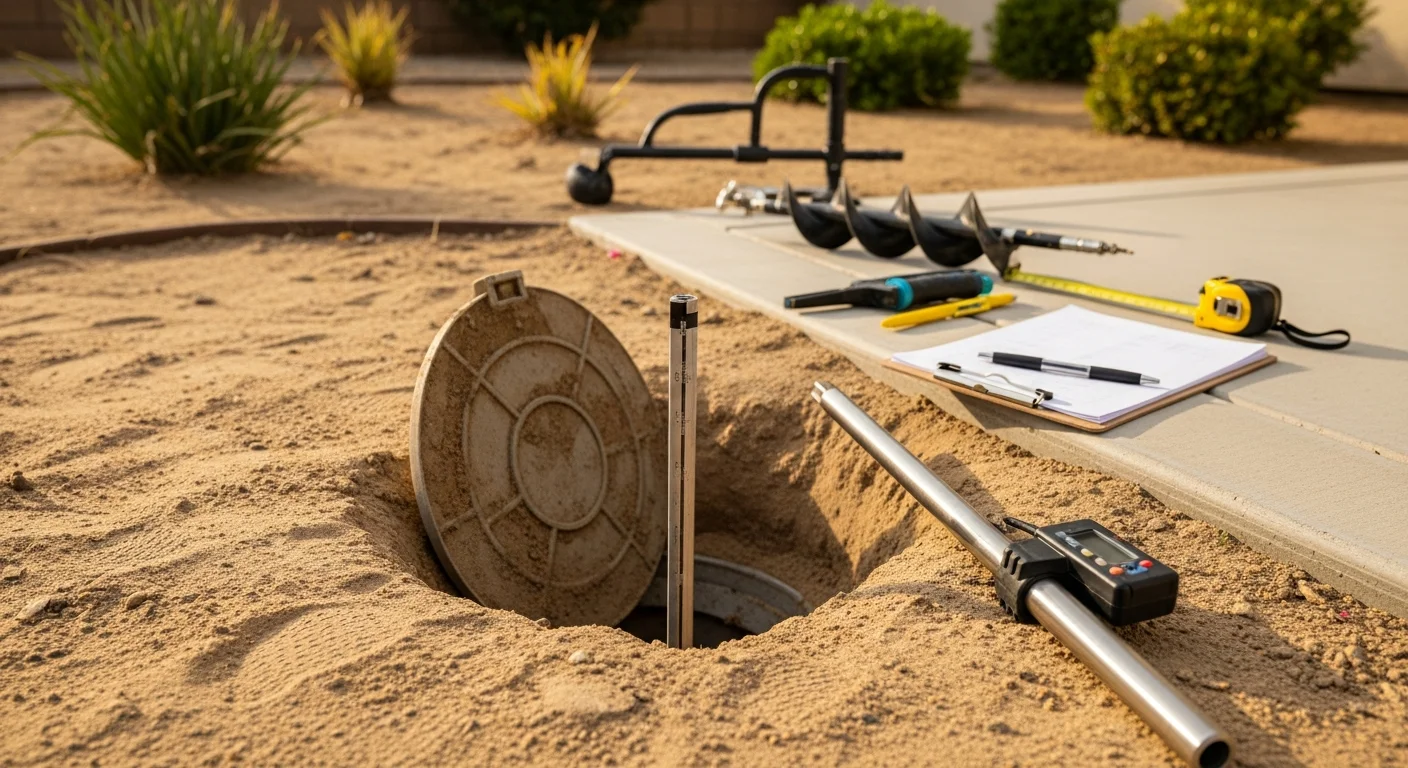 A licensed technician from RAM Plumbing Htg & Air inspecting a residential septic tank access point at a Corona, California property. The image shows an open tank lid with visible inlet fittings being evaluated during a professional septic system inspection.