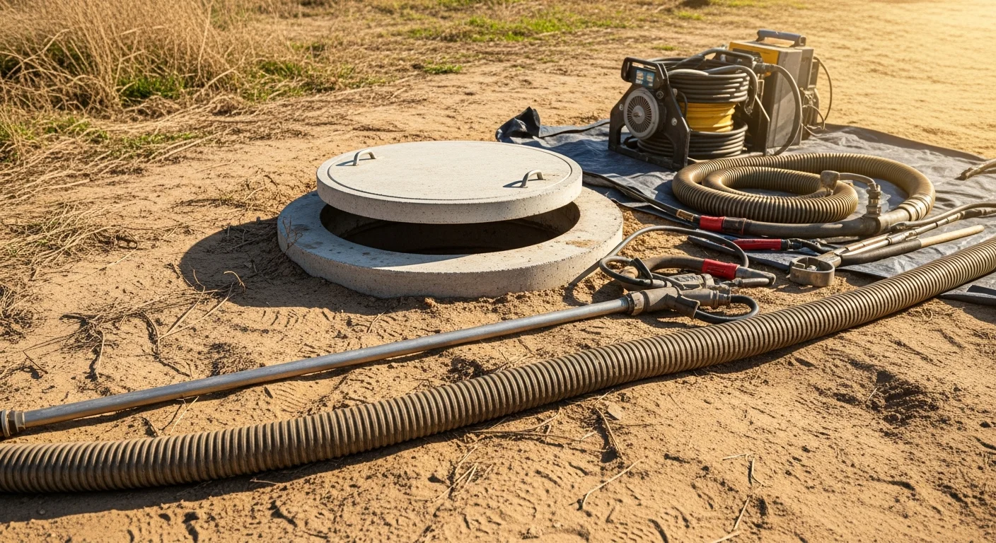 A licensed technician operating a vacuum truck during a septic tank pumping service at a residential property in Corona, California. The tank access port is open and the hose is inserted for waste extraction.