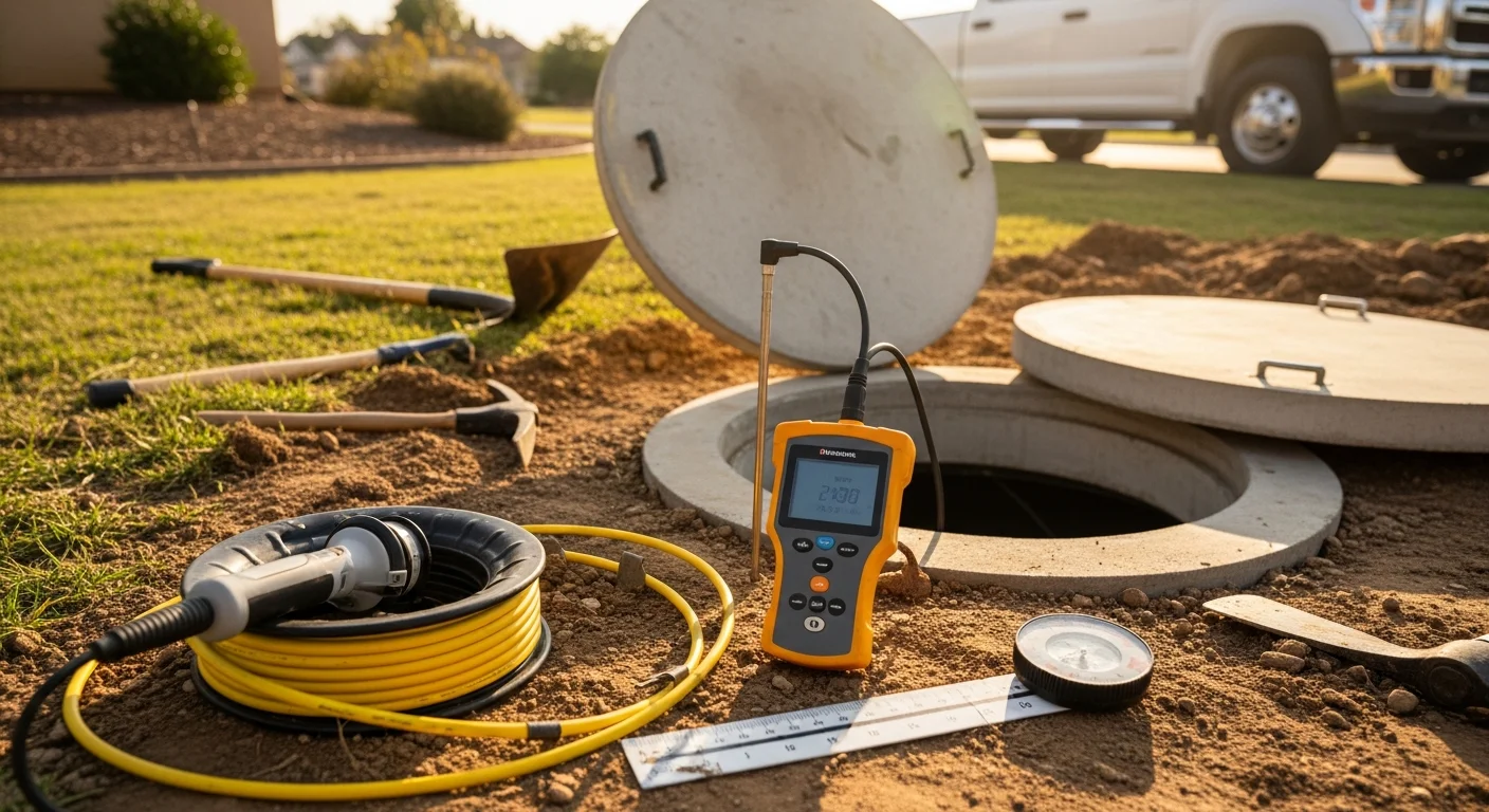 A RAM Plumbing Htg & Air technician inspecting an open residential septic tank at a Corona, CA property, with repair tools visible on the ground beside the excavated access point.