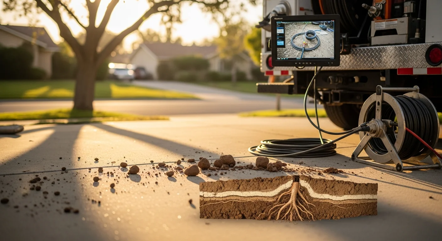 A RAM Plumbing Htg & Air technician using a drain camera to inspect a sewer line at a residential property in Corona, California. The monitor displays the interior of the pipe, showing a root intrusion blockage identified during the sewer backup repair service.