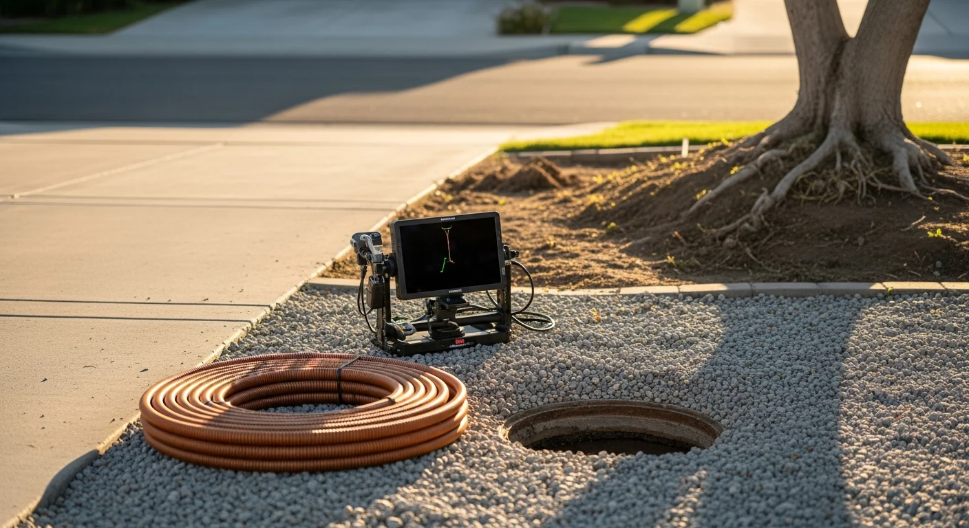 A technician from RAM Plumbing Htg & Air feeds a sewer camera into a residential cleanout access point in a Corona backyard. The monitor shows a cracked clay pipe interior with visible root intrusion typical of older Corona neighborhoods.