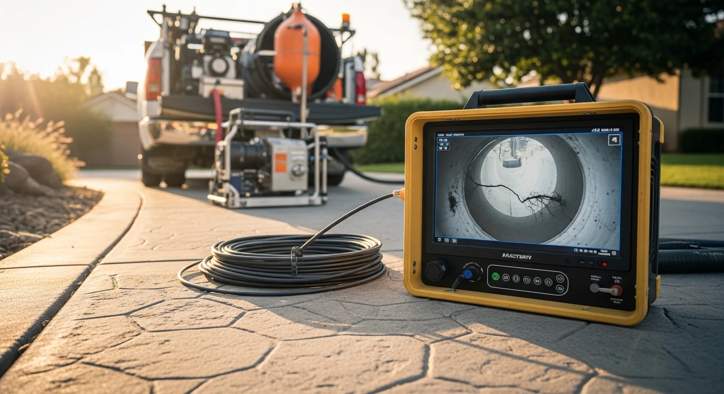 A plumber in Corona, California using a video camera inspection tool to assess a damaged clay sewer line before trenchless relining. The pipe interior shows visible root intrusion and joint separation typical of older Corona properties.