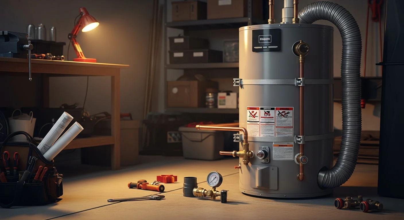 A licensed plumber from RAM Plumbing Htg & Air inspecting a tank-style water heater inside a Corona home garage. The technician checks the T&P valve and supply connections on a unit showing early signs of hard-water sediment buildup.